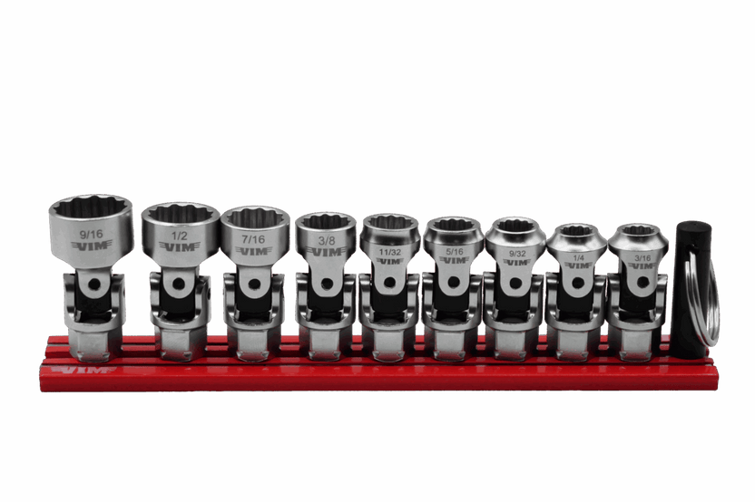 VIM Tools 9 Piece 12 Point Dual Drive Stubby UJ SAE Socket Set - 1/4 Inch X 11 mm Drive - Red Magrail Main image