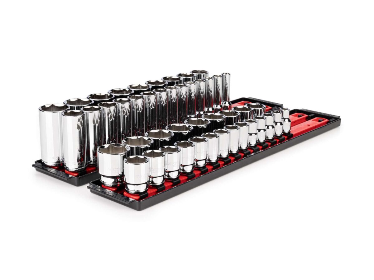 TEKTON 1/2 Inch Drive 6-Point Socket Set with Rails and Tray, 46-Piece (10-32 mm) | SHD92207 Main image
