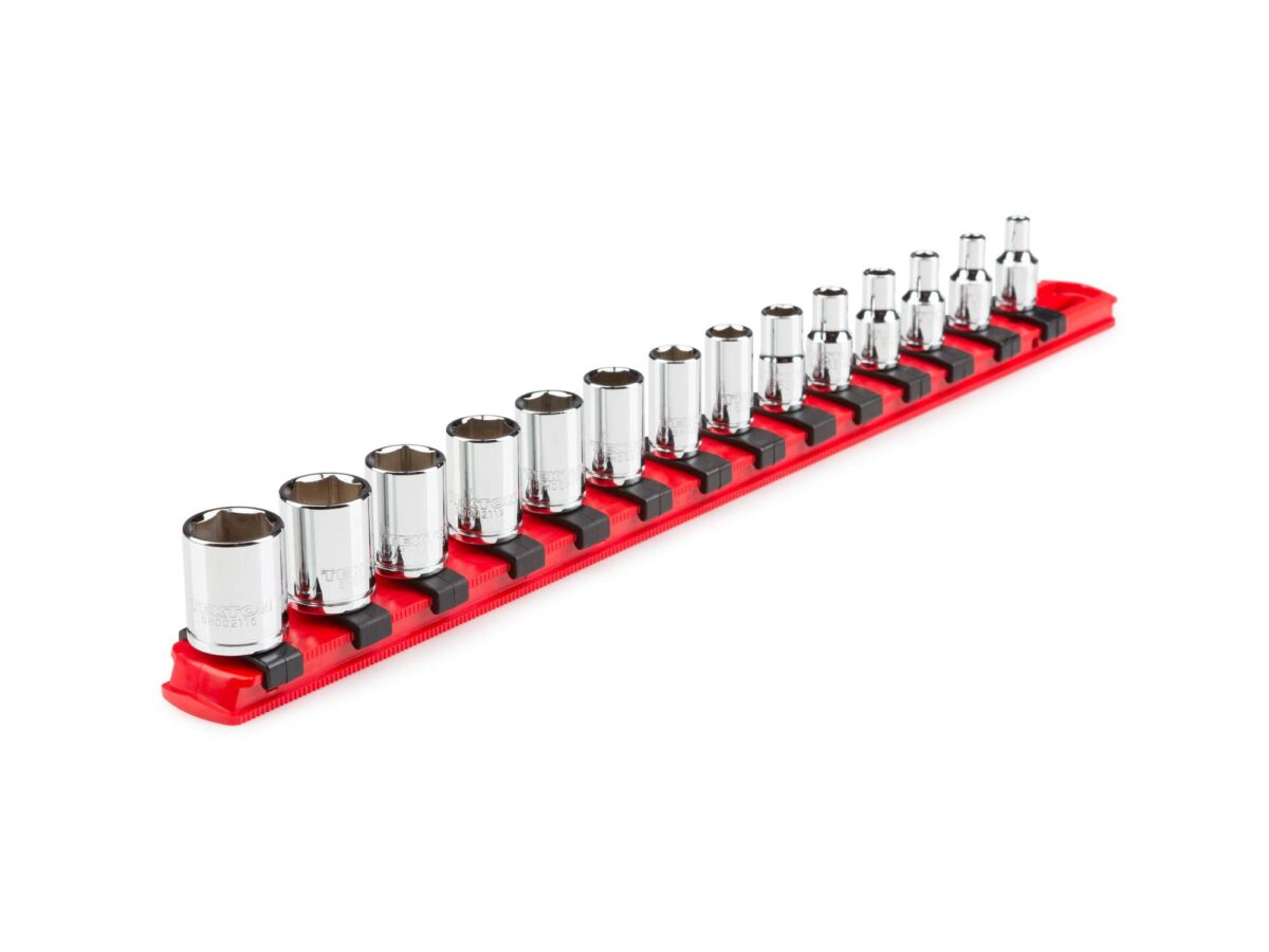 TEKTON 1/4 Inch Drive 6-Point Socket Set with Rail, 14-Piece (4-15 mm) | SHD90111