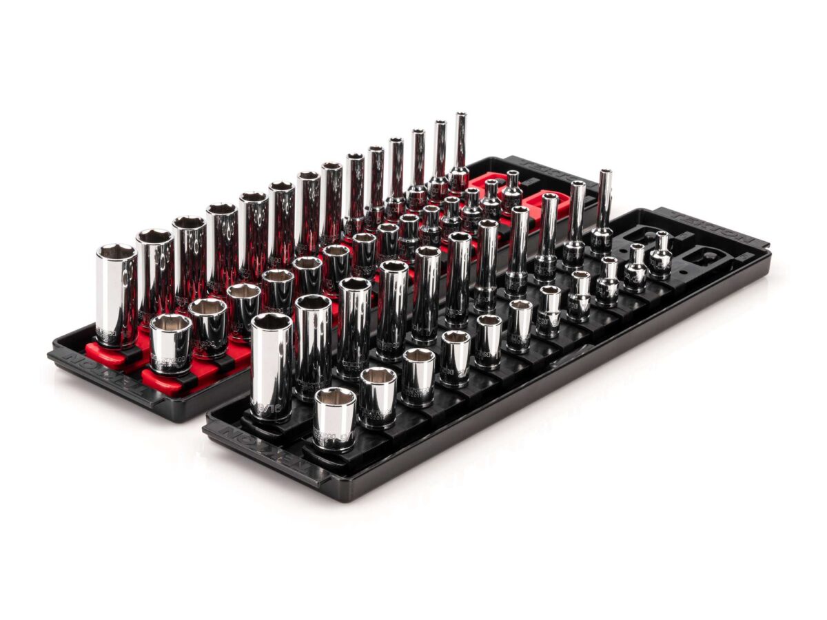 TEKTON 1/4 Inch Drive 6-Point Socket Set with Rails and Trays, 50-Piece (5/32-9/16 in., 4-15 mm) | SHD90215
