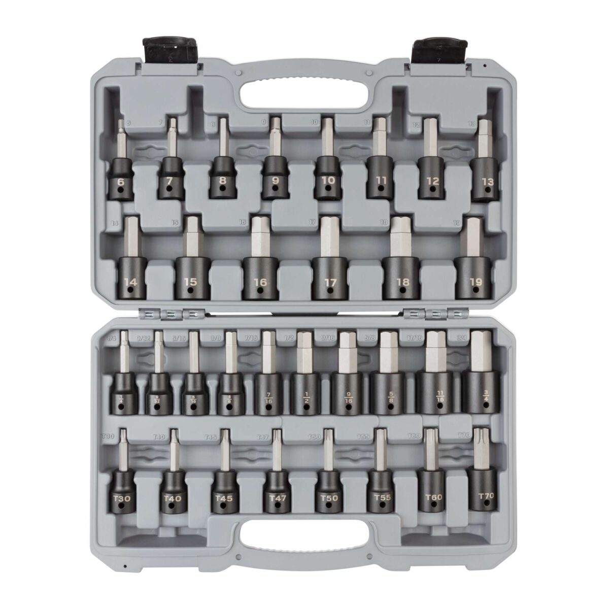 TEKTON 1/2 Inch Drive Hex and Torx Impact Bit Socket Set with Case, 32-Piece (1/4-3/4 in., 6-19 mm, T30-T70) | SIB92312