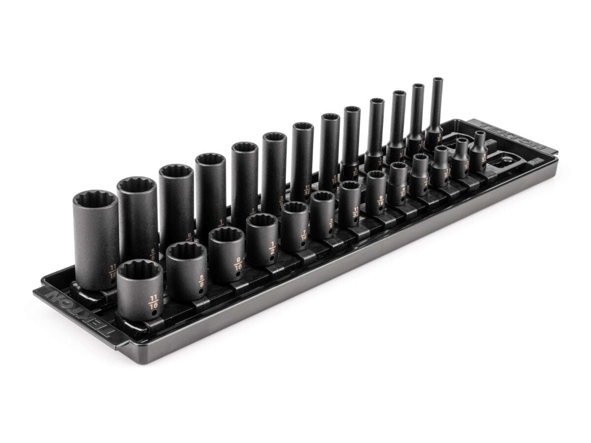 TEKTON 1/4 Inch Drive 12-Point Impact Socket Set with Rails and Tray, 26-Piece (5/32-11/16 in.) | SID90203 Main image