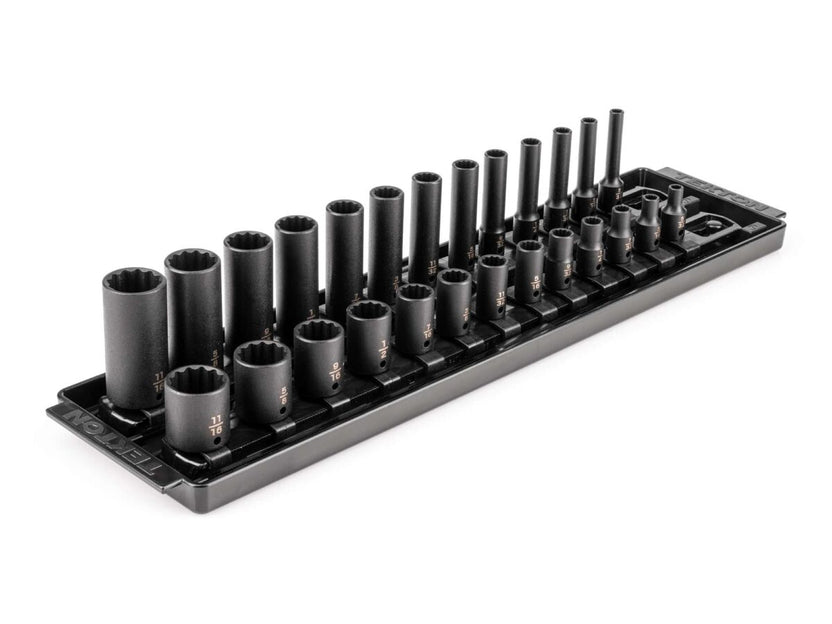 TEKTON 1/4 Inch Drive 12-Point Impact Socket Set with Rails and Tray, 26-Piece (5/32-11/16 in.) | SID90203 Main image