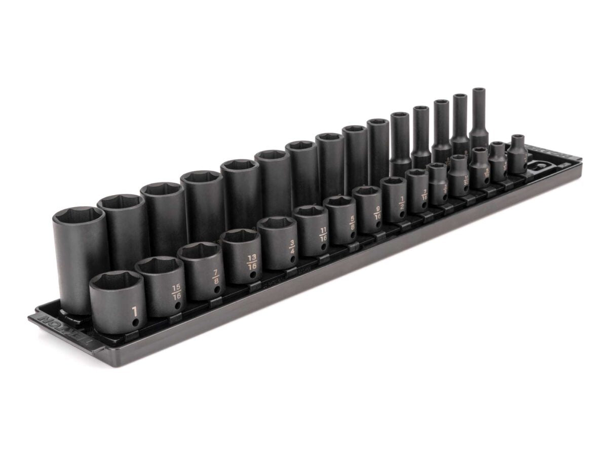 TEKTON 3/8 Inch Drive 6-Point Impact Socket Set with Rails and Tray, 30-Piece (1/4-1 in.) | SID91210