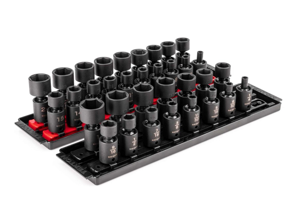 TEKTON 3/8 Inch Drive 6-Point Universal Joint Impact Socket Set with Rails and Trays, 34-Piece (1/4-1 in., 6-24 mm) | SID97201 Main image