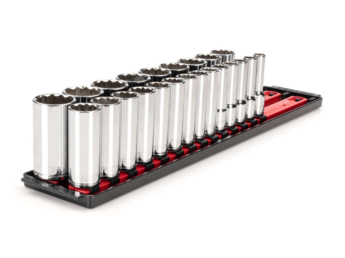 TEKTON 1/2 Inch Drive Deep 12-Point Socket Set with Rails and Tray, 23-Piece (10-32 mm) | SHD92121 Main image