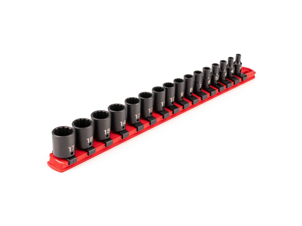 TEKTON 1/4 Inch Drive 12-Point Impact Socket Set with Rail, 16-Piece (4-17 mm) | SID90106