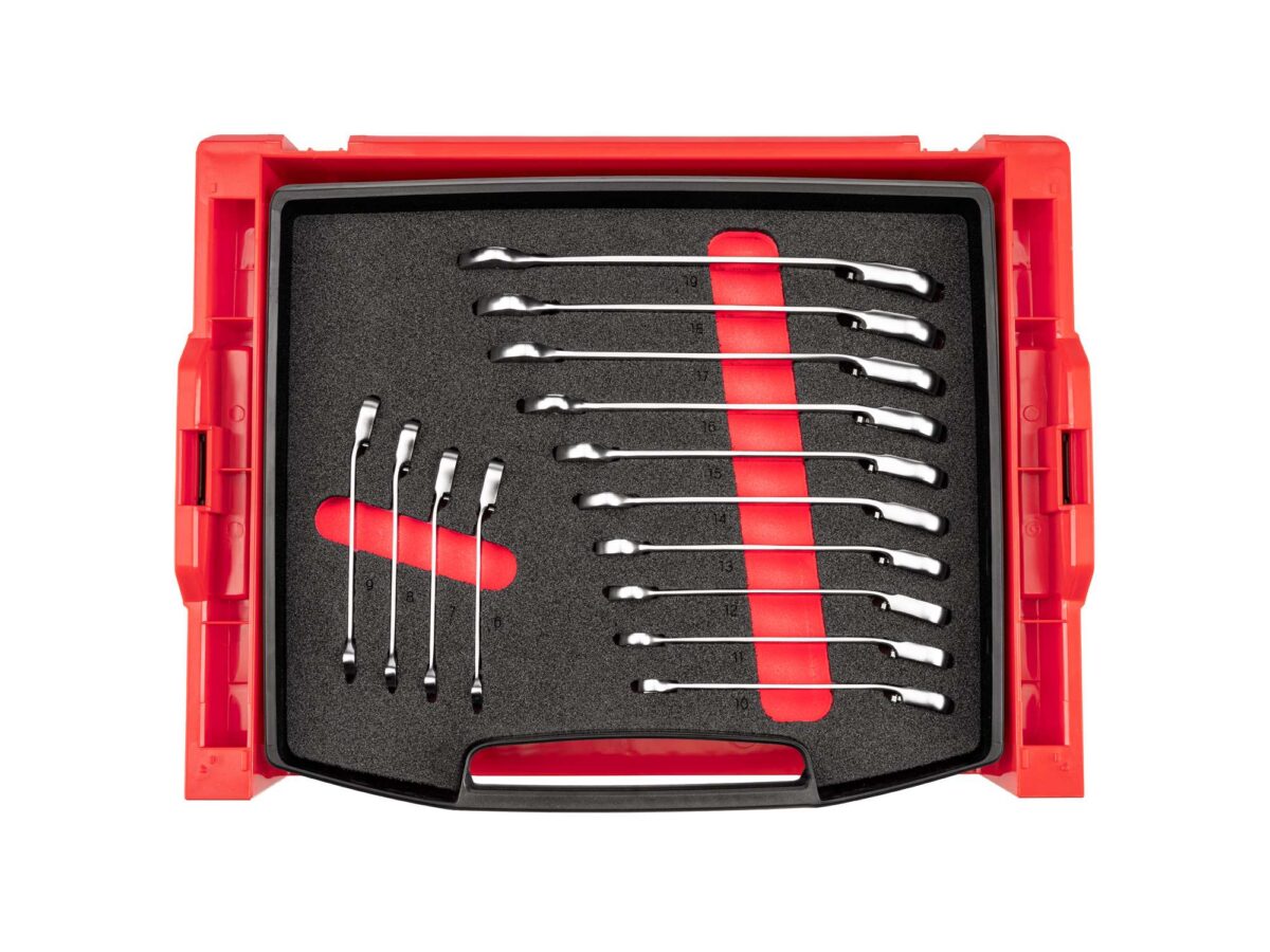 TEKTON Reversible 12-Point Ratcheting Combination Wrench Set with Open Top Drawer and Rack, 14-Piece (6-19 mm) | OLB94204