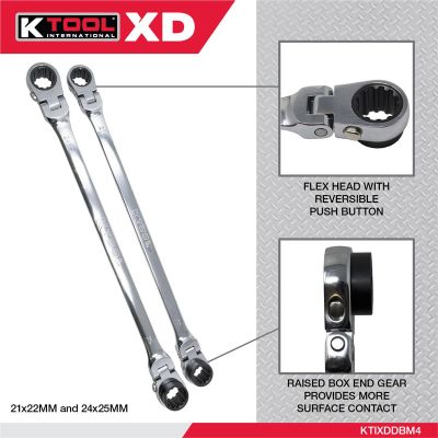 K Tool International Wrench Set 2 Piece Metric Ratcheting Reversible Flexible Extra Long Double Box Universal Spline 90 Tooth