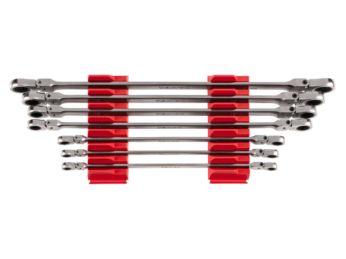 TEKTON Long Flex Head 12-Point Ratcheting Box End Wrench Set with Modular Organizers, 7-Piece (6-19 mm) | WRB96301
