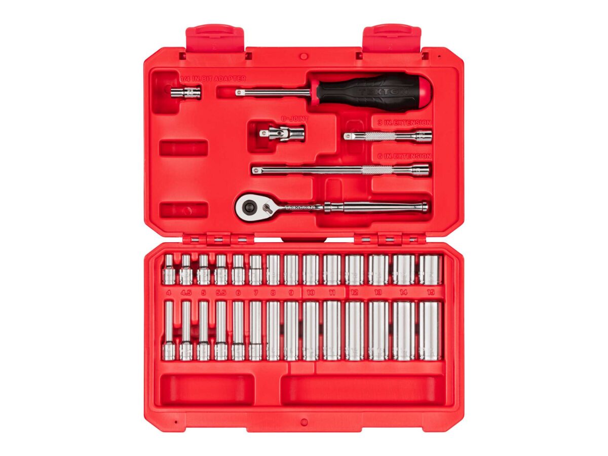TEKTON 1/4 Inch Drive 6-Point Socket and Ratchet Set with Case, 34-Piece (4-15 mm) | SKT05202 Main image