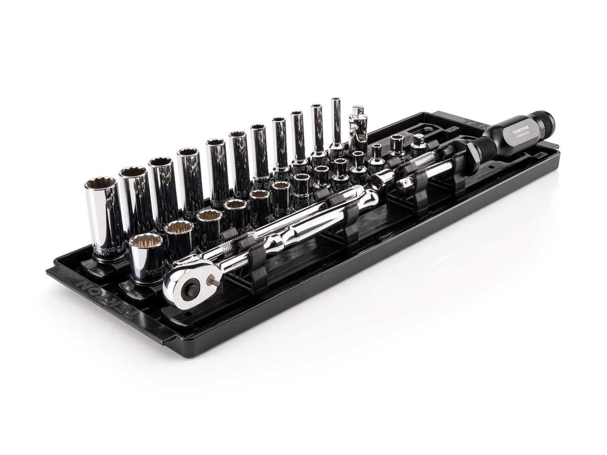 TEKTON 1/4 Inch Drive 12-Point Socket and Ratchet Set with Rails and Tray, 29-Piece (5/32-9/16 in.) | SKT03102