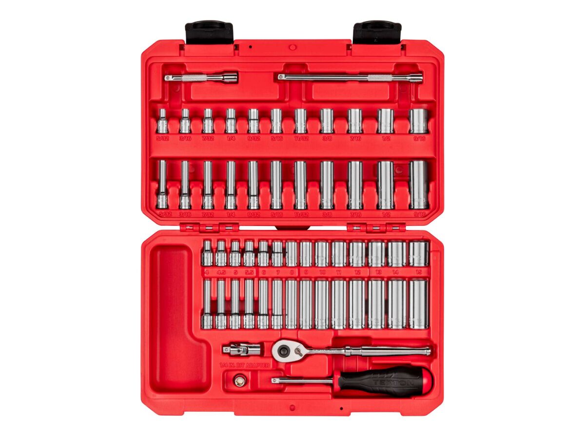 TEKTON 1/4 Inch Drive 12-Point Socket and Ratchet Set with Case, 56-Piece (5/32-9/16 in., 4-15 mm) | SKT05304 Main image