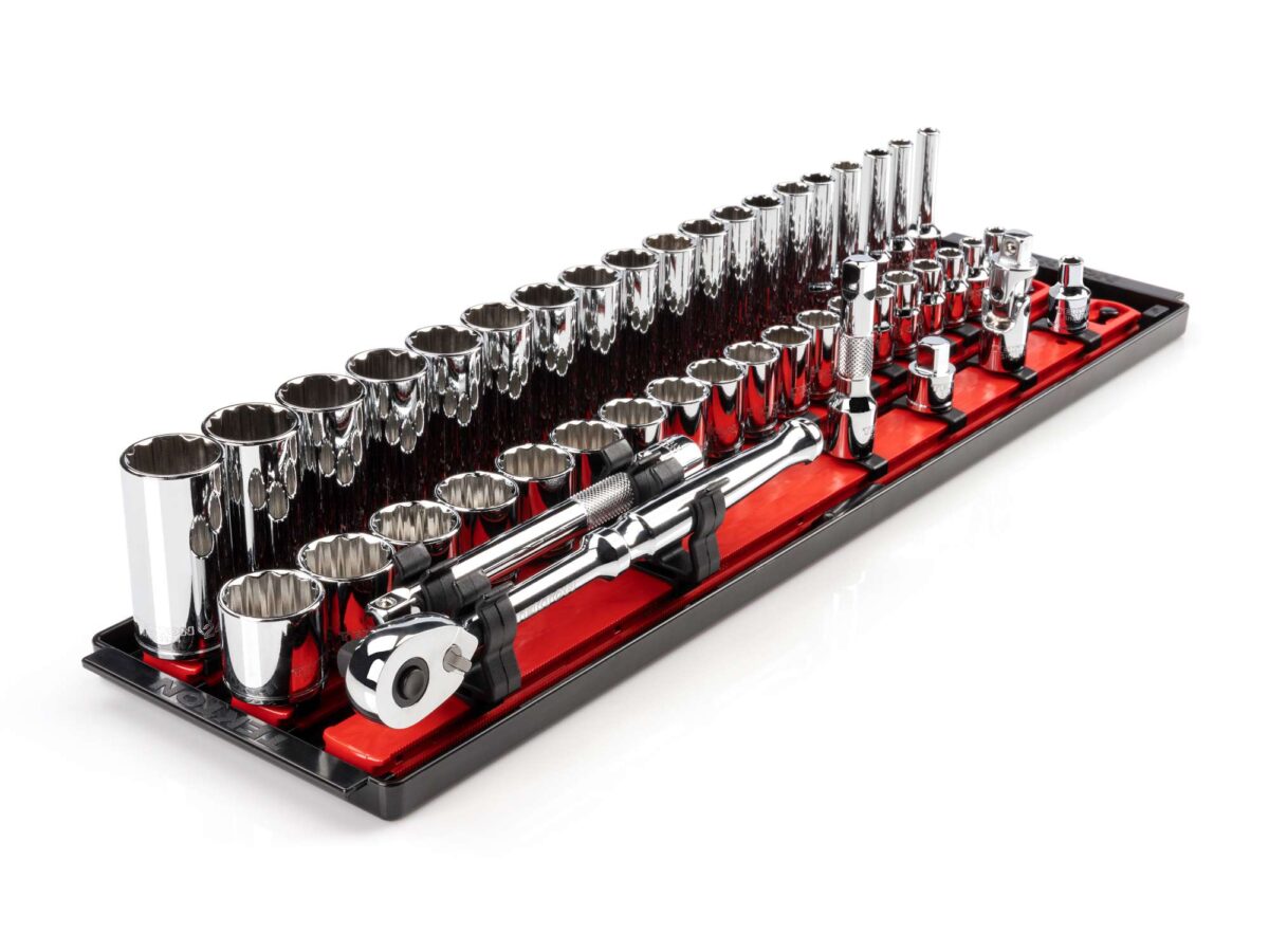 TEKTON 3/8 Inch Drive 12-Point Socket and Ratchet Set with Rails and Tray, 44-Piece (6-24 mm) | SKT13202 Main image