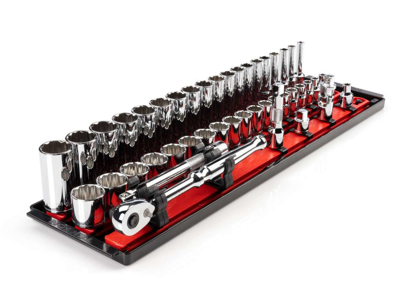 TEKTON 3/8 Inch Drive 12-Point Socket and Ratchet Set with Rails and Tray, 44-Piece (6-24 mm) | SKT13202 Main image
