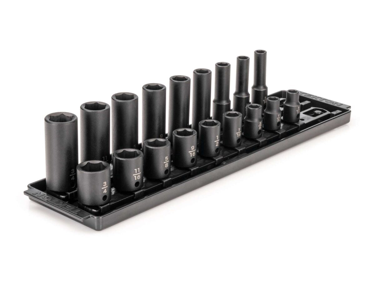 TEKTON 3/8 Inch Drive 6-Point Impact Socket Set with Rails and Tray, 18-Piece (5/16-3/4 in.) | SID91208
