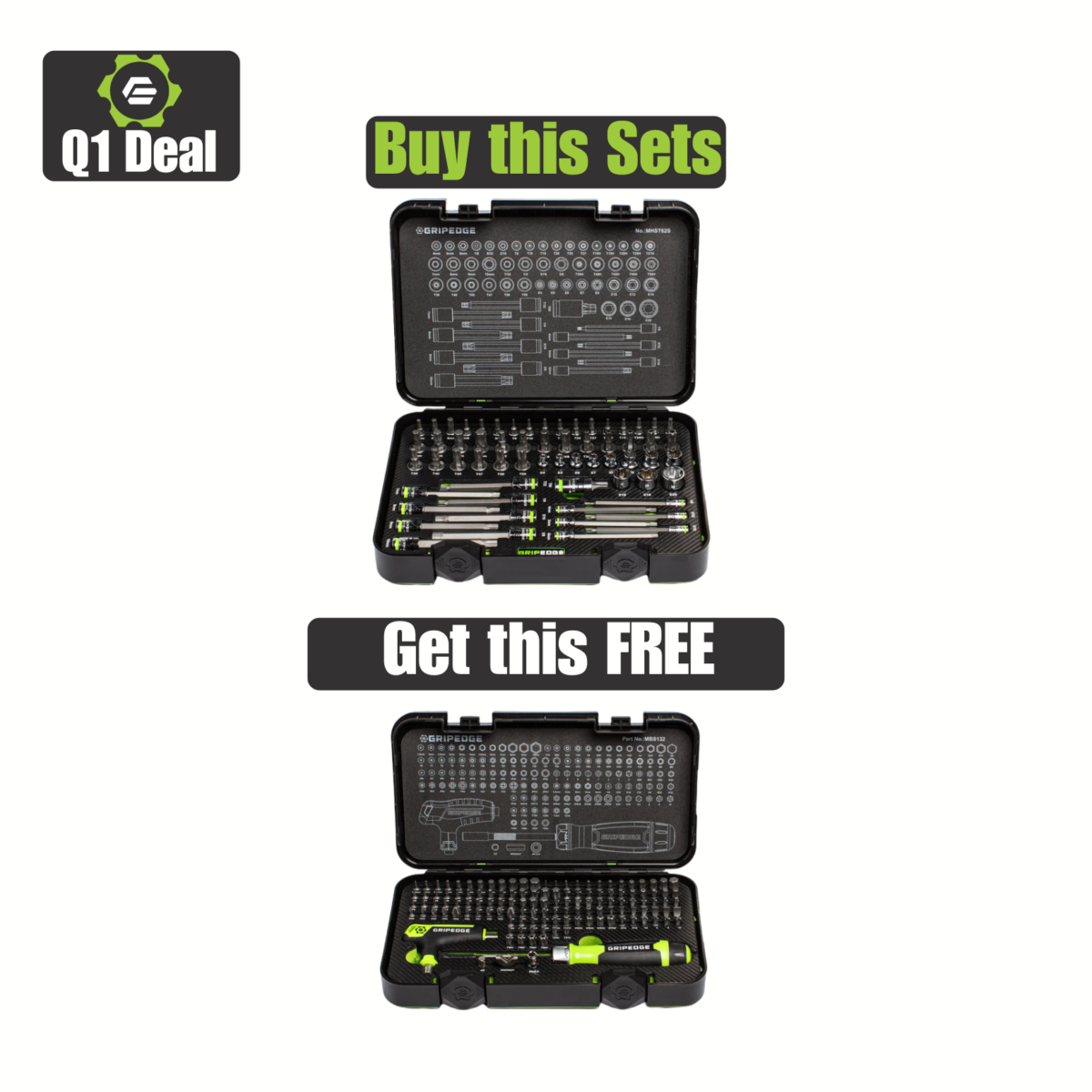 GripEdge 62-PC Master Hex & Star Driver Set | Includes Hex, Star, Security Star & E-Star w/ FREE Multi-Bit Set Kit Main image