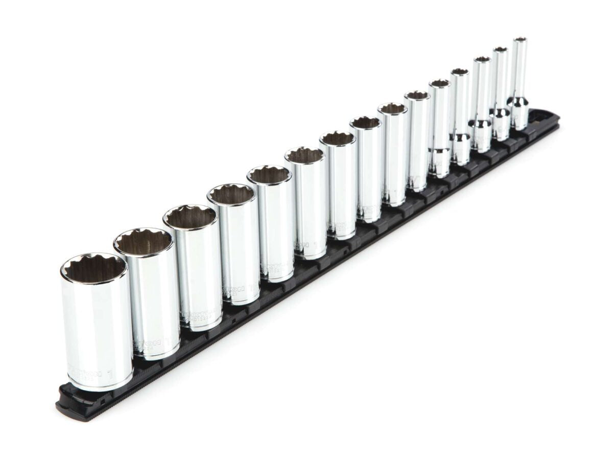 TEKTON 3/8 Inch Drive Deep 12-Point Socket Set with Rail, 15-Piece (1/4-1 in.) | SHD91115