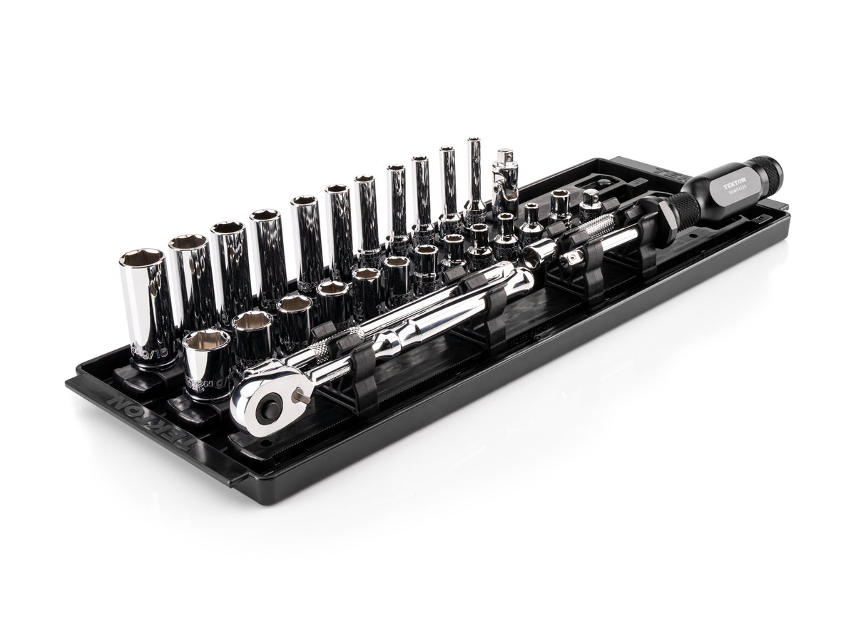 TEKTON 1/4 Inch Drive 6-Point Socket and Ratchet Set with Rails and Tray, 29-Piece (5/32-9/16 in.) | SKT03101