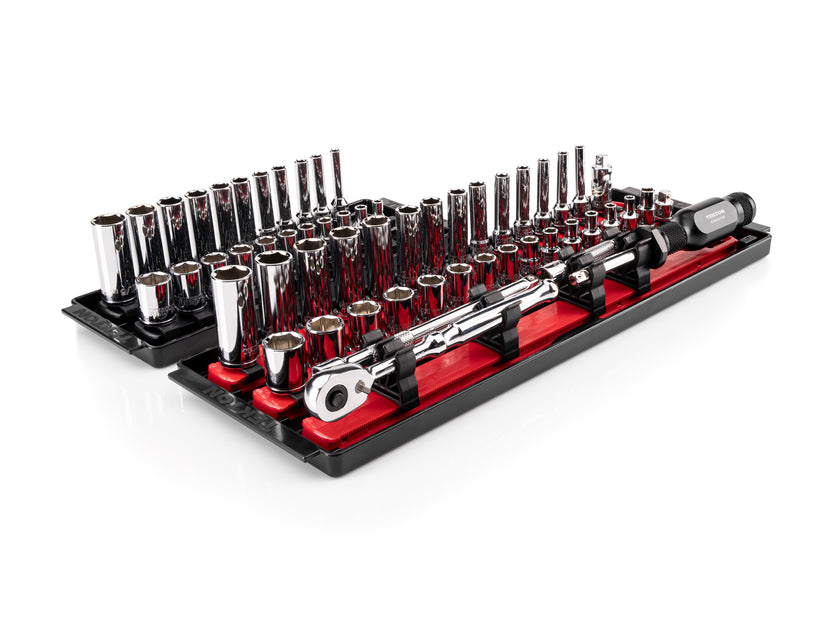 TEKTON 1/4 Inch Drive 6-Point Socket and Ratchet Set with Rails and Trays, 57-Piece (5/32-9/16 in., 4-15 mm) | SKT03301 Main image