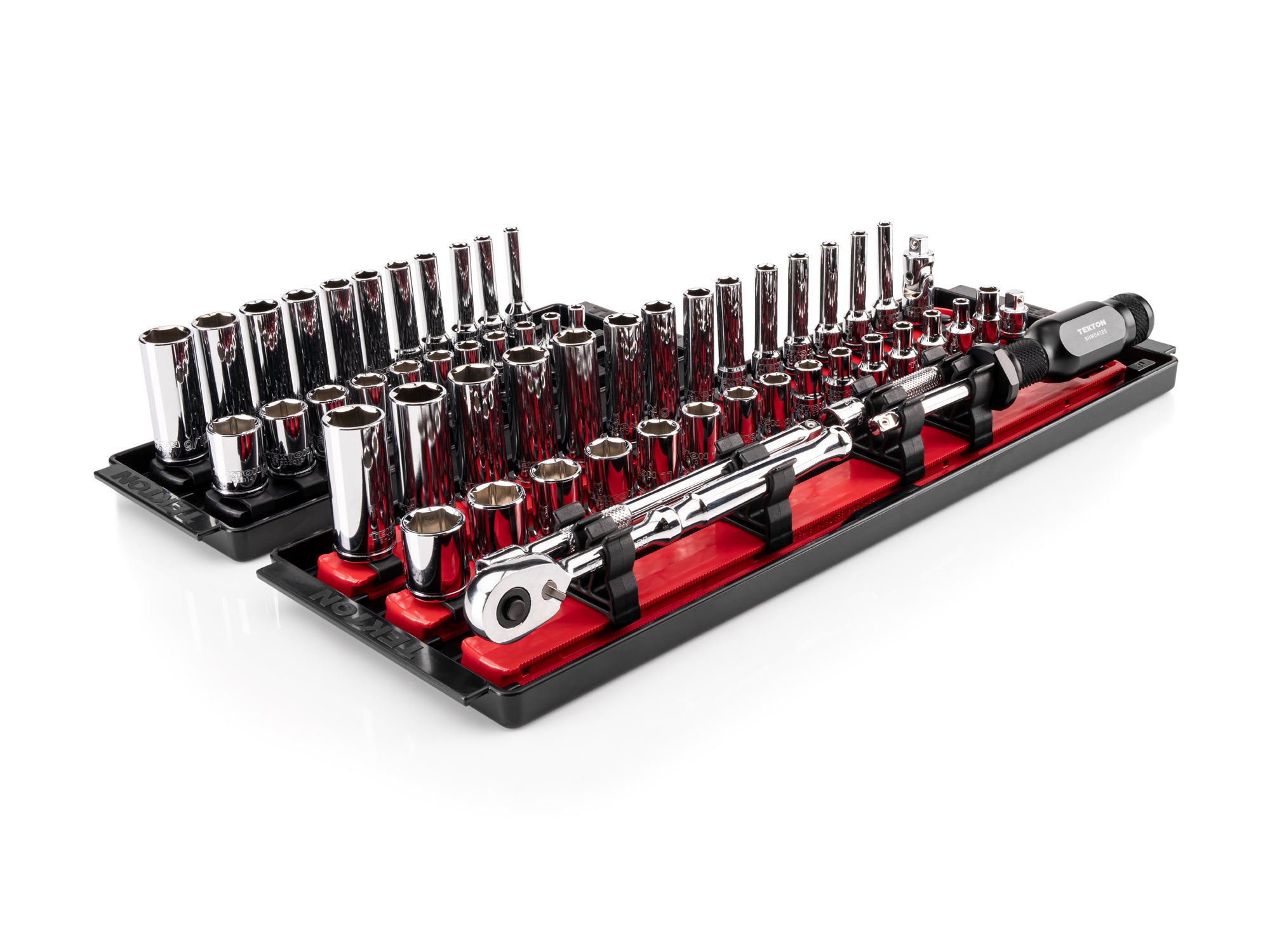 TEKTON 1/4 Inch Drive 6-Point Socket and Ratchet Set with Rails and Trays, 57-Piece (5/32-9/16 in., 4-15 mm) | SKT03301