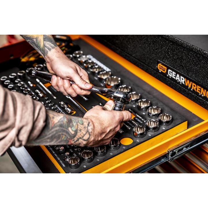 83 Pc. 1/4", 3/8", 1/2" 90-Tooth SAE/Metric Mechanics Tool Set with EVA Foam Tray Secondary image