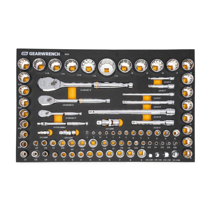 83 Pc. 1/4", 3/8", 1/2" 90-Tooth SAE/Metric Mechanics Tool Set with EVA Foam Tray Main image