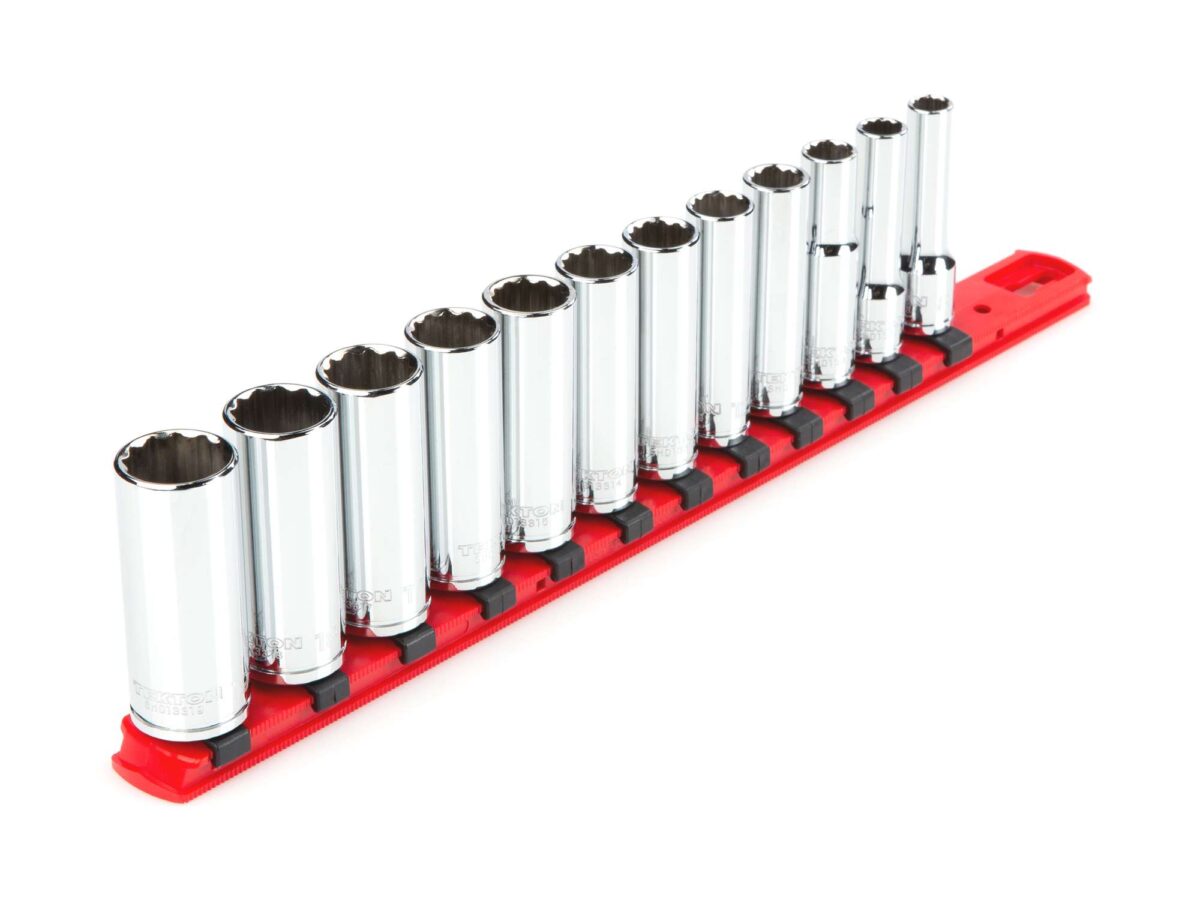 TEKTON 3/8 Inch Drive Deep 12-Point Socket Set with Rail, 12-Piece (8-19 mm) | SHD91108 Main image