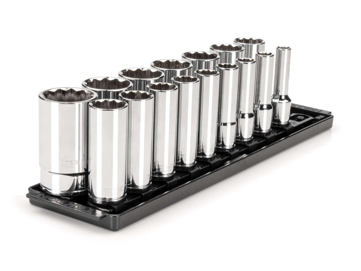TEKTON 1/2 Inch Drive Deep 12-Point Socket Set with Rails and Tray, 16-Piece (3/8 - 1-5/16 in.) | SHD92119