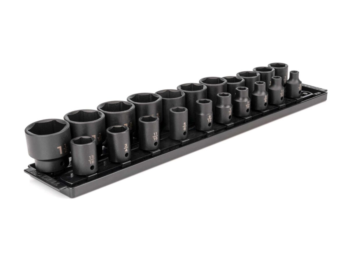 TEKTON 1/2 Inch Drive 6-Point Impact Socket Set with Rails and Tray, 21-Piece (5/16 - 1-1/2 in.) | SID92102 Main image