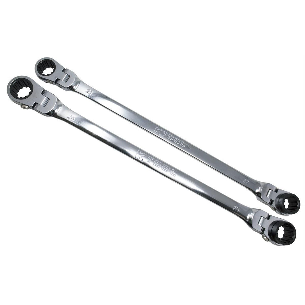 K Tool International Wrench Set 2 Piece Metric Ratcheting Reversible Flexible Extra Long Double Box Universal Spline 90 Tooth