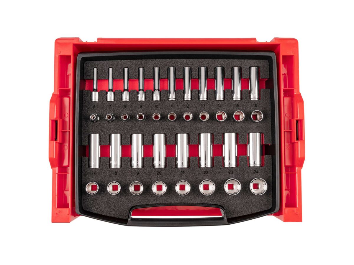 TEKTON 3/8 Inch Drive 12-Point Socket Set with Open Top Drawer and Rack, 38-Piece (6-24 mm) | OLB94308 Main image