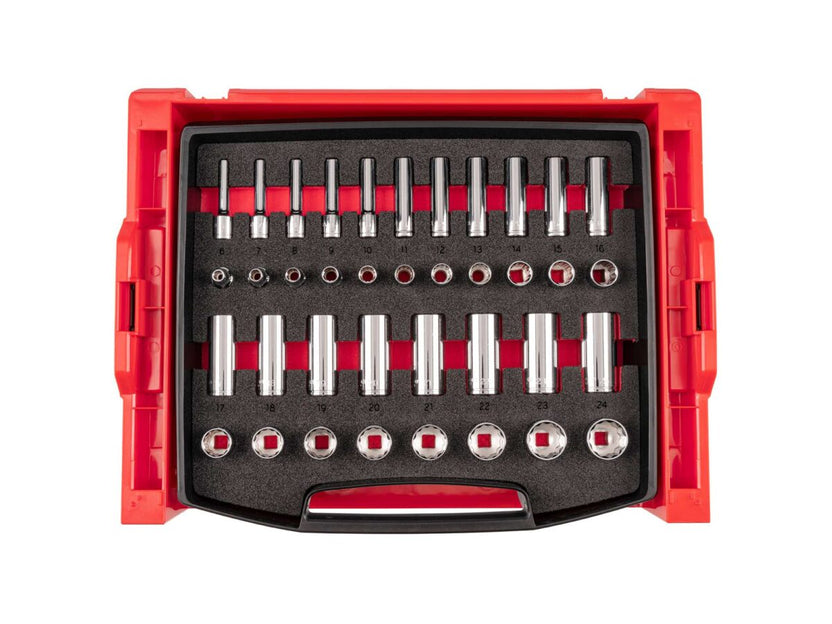 TEKTON 3/8 Inch Drive 12-Point Socket Set with Open Top Drawer and Rack, 38-Piece (6-24 mm) | OLB94308 Main image