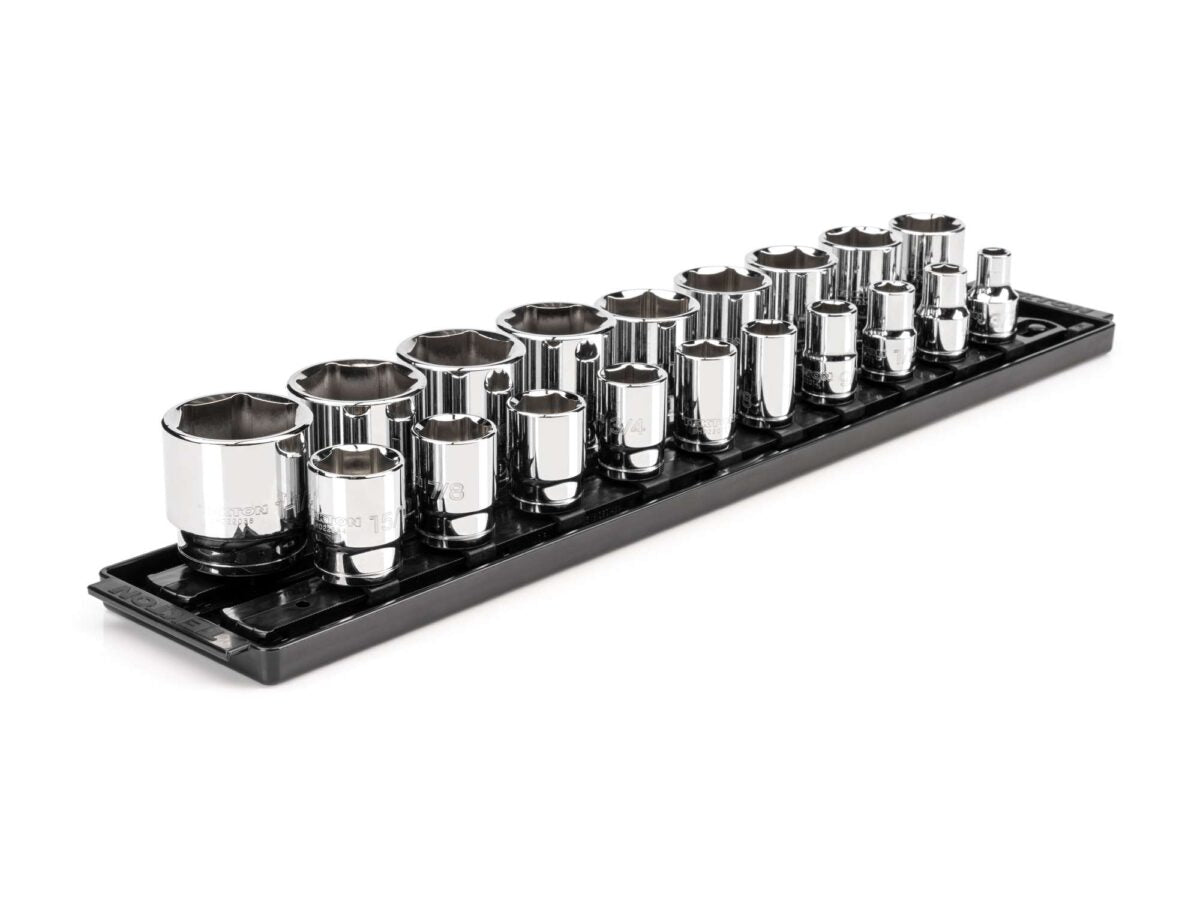 TEKTON 1/2 Inch Drive 6-Point Socket Set with Rails and Tray, 19-Piece (3/8 - 1-1/2 in.) | SHD92122