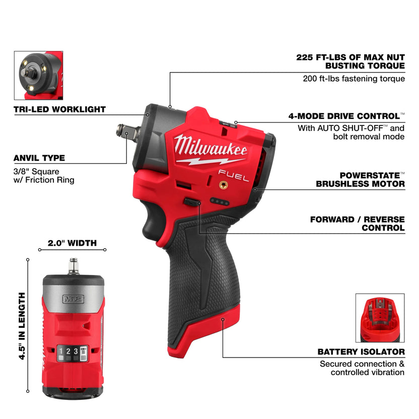 Milwaukee Tool M12 FUEL 3/8" Subcompact Impact Wrench w/ FREE 2.5 High Output battery Secondary image