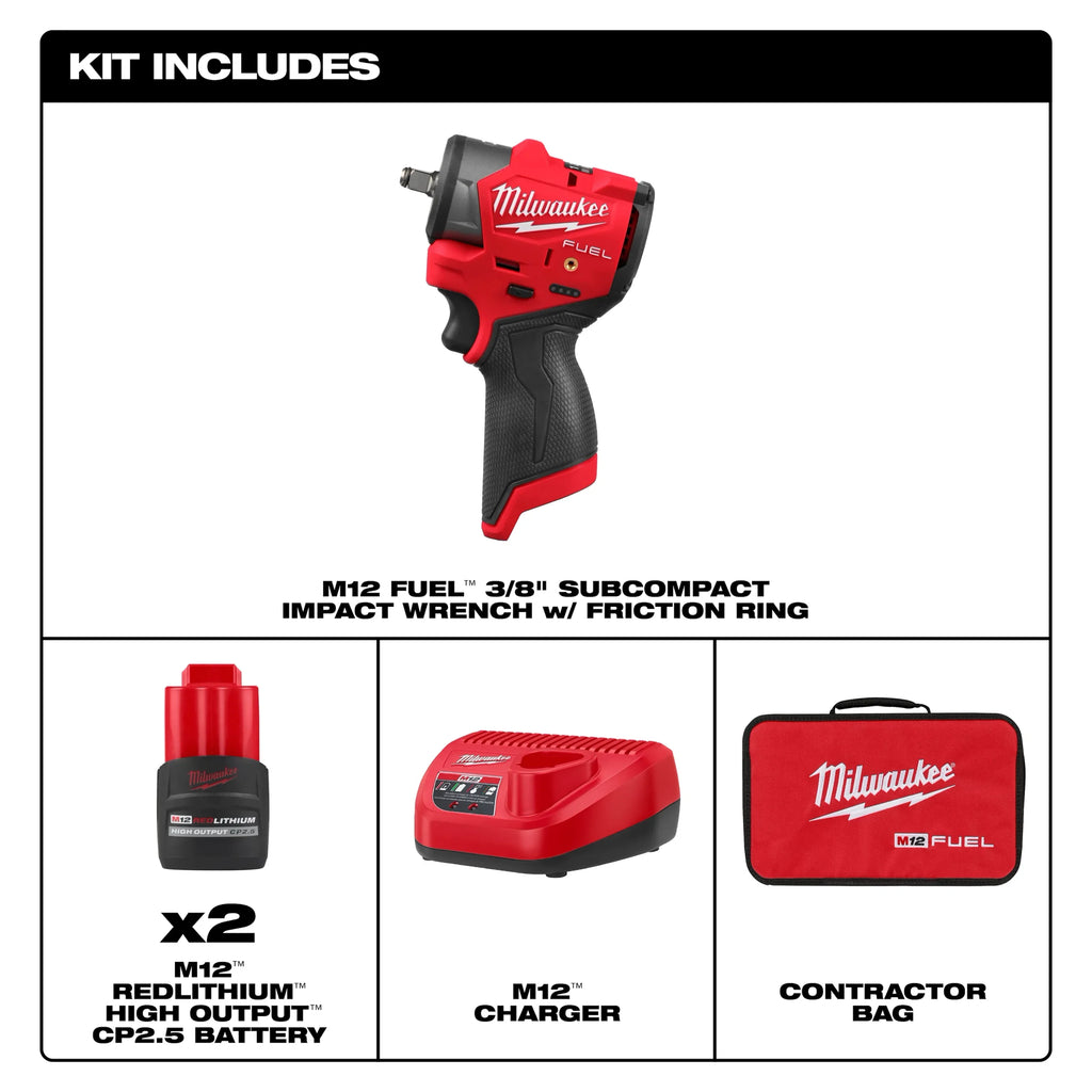 Milwaukee Tool M12 FUEL 3/8 Inch Subcompact Impact Wrench 2 Battery Kit