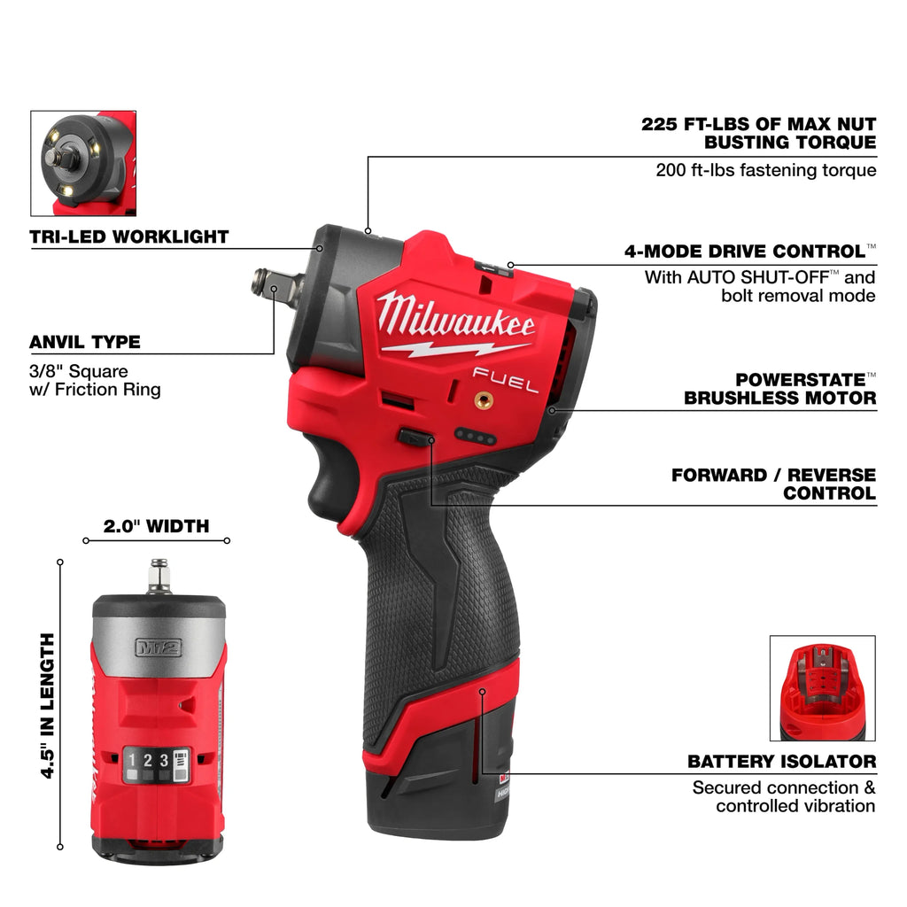 Milwaukee Tool M12 FUEL 3/8 Inch Subcompact Impact Wrench 2 Battery Kit