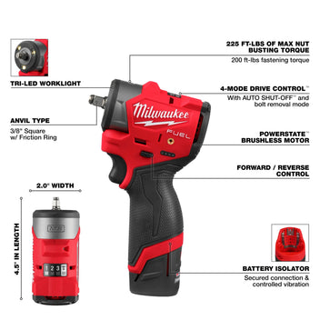 Milwaukee Tool M12 FUEL 3/8 Inch Subcompact Impact Wrench 2 Battery Kit