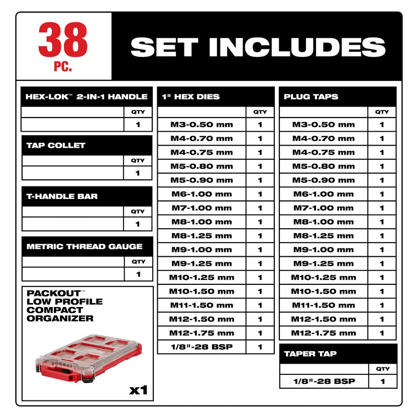 38PC Metric Tap & Die PACKOUT™ Set w/ Hex-LOK™ 2-in-1 Handle Secondary image