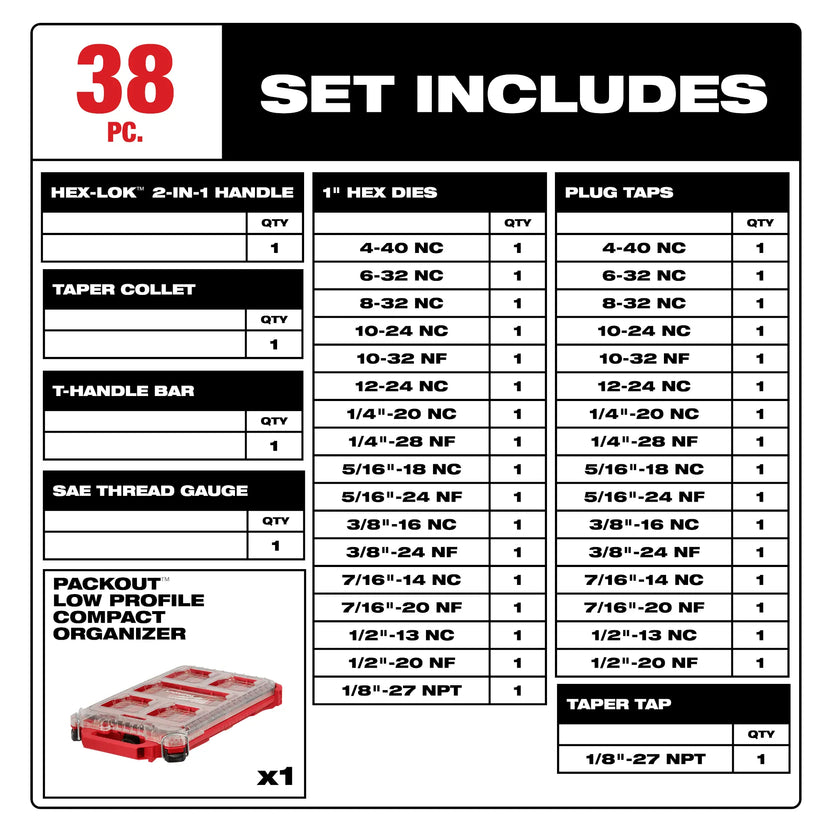 38PC SAE Tap & Die PACKOUT™ Set w/ Hex-LOK™ 2-in-1 Handle Secondary image