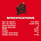 Milwaukee M18 Brushless 18in Fan (Bare Tool)