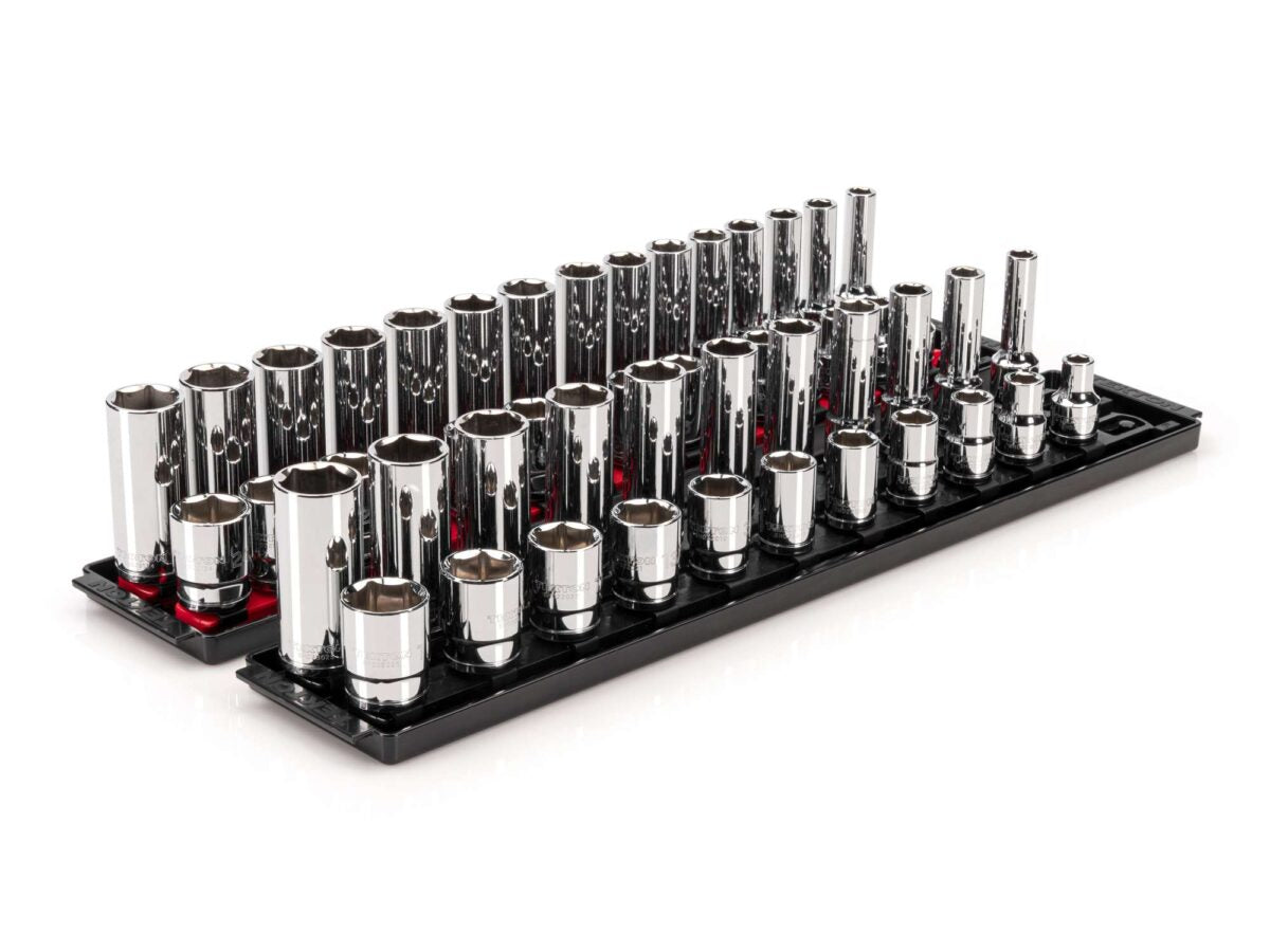TEKTON 1/2 Inch Drive 6-Point Socket Set with Rails and Trays, 52-Piece (3/8-1 in., 10-24 mm) | SHD92213
