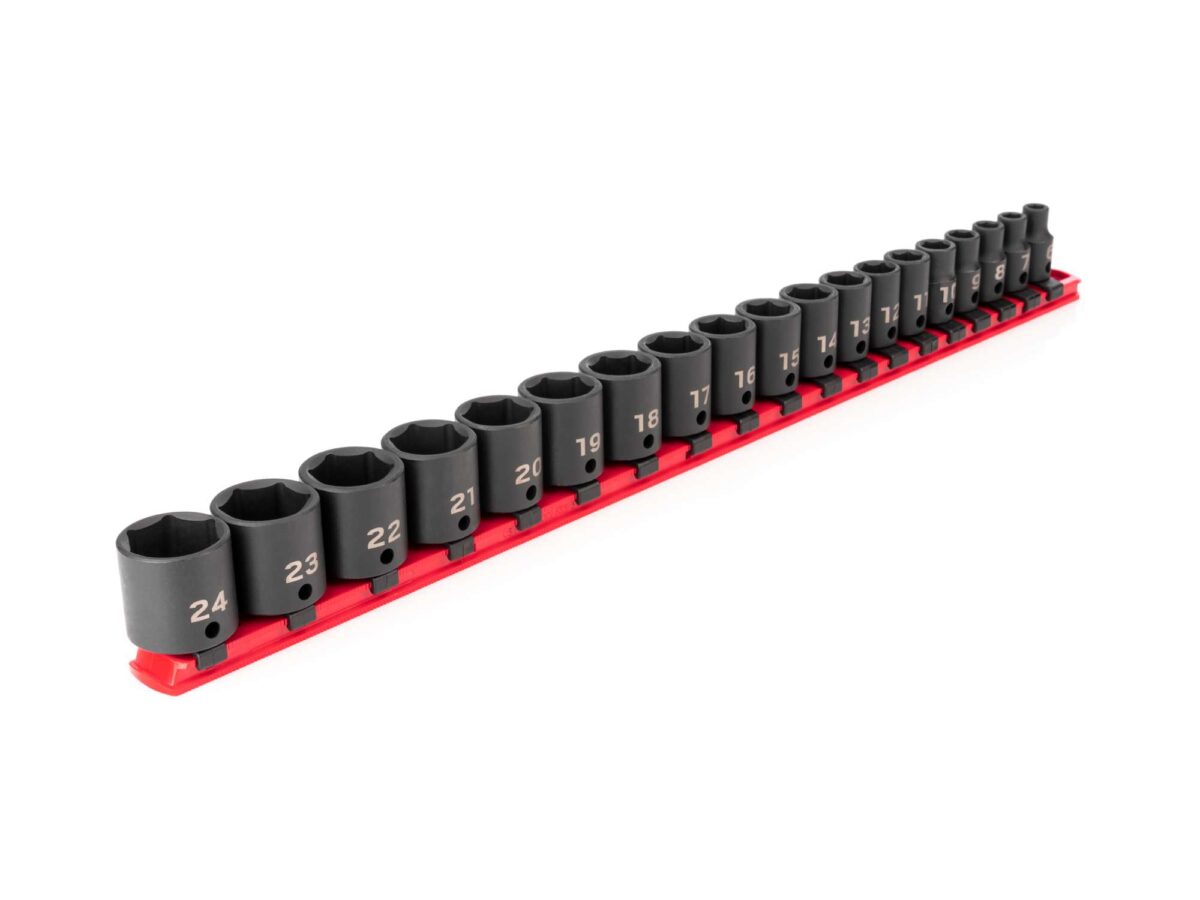 TEKTON 3/8 Inch Drive 6-Point Impact Socket Set with Rail, 19-Piece (6-24 mm) | SID91106
