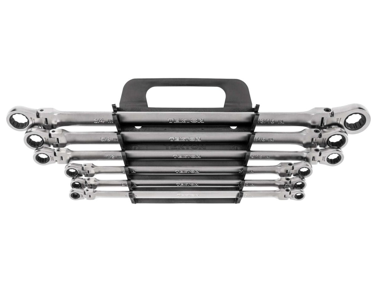 TEKTON Long Flex Head 12-Point Ratcheting Box End Wrench Set with Holder, 6-Piece (1/4-13/16 in.) | WRB96200