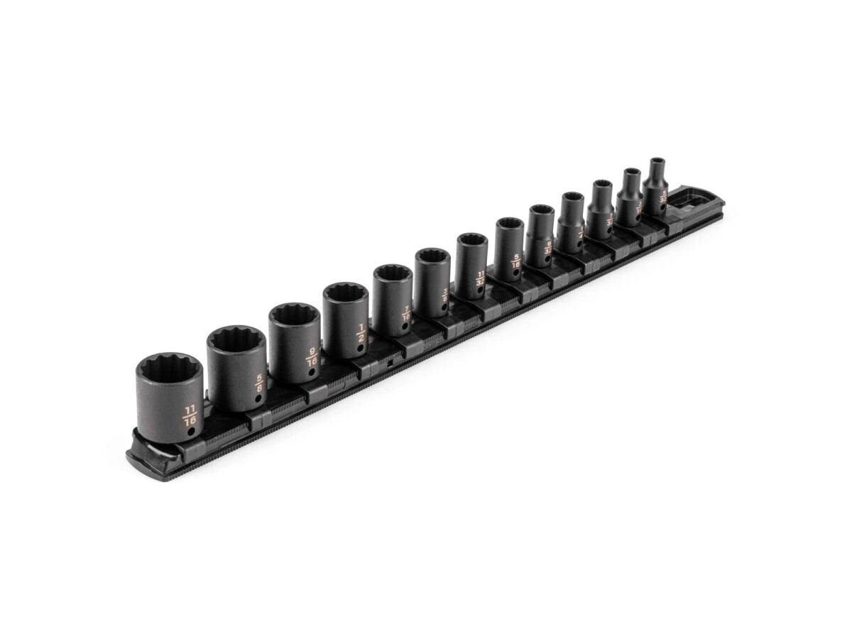 TEKTON 1/4 Inch Drive 12-Point Impact Socket Set with Rail, 13-Piece (5/32-11/16 in.) | SID90104 Main image