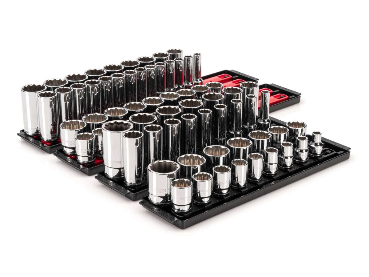 TEKTON 1/2 Inch Drive 12-Point Socket Set with Rails and Trays, 78-Piece (3/8 - 1-5/16 in., 10-32 mm) | SHD92216