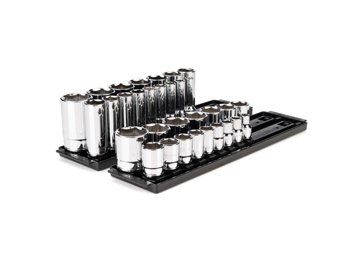 TEKTON 1/2 Inch Drive 6-Point Socket Set with Rails and Trays, 32-Piece (3/8 - 1-5/16 in.) | SHD92205
