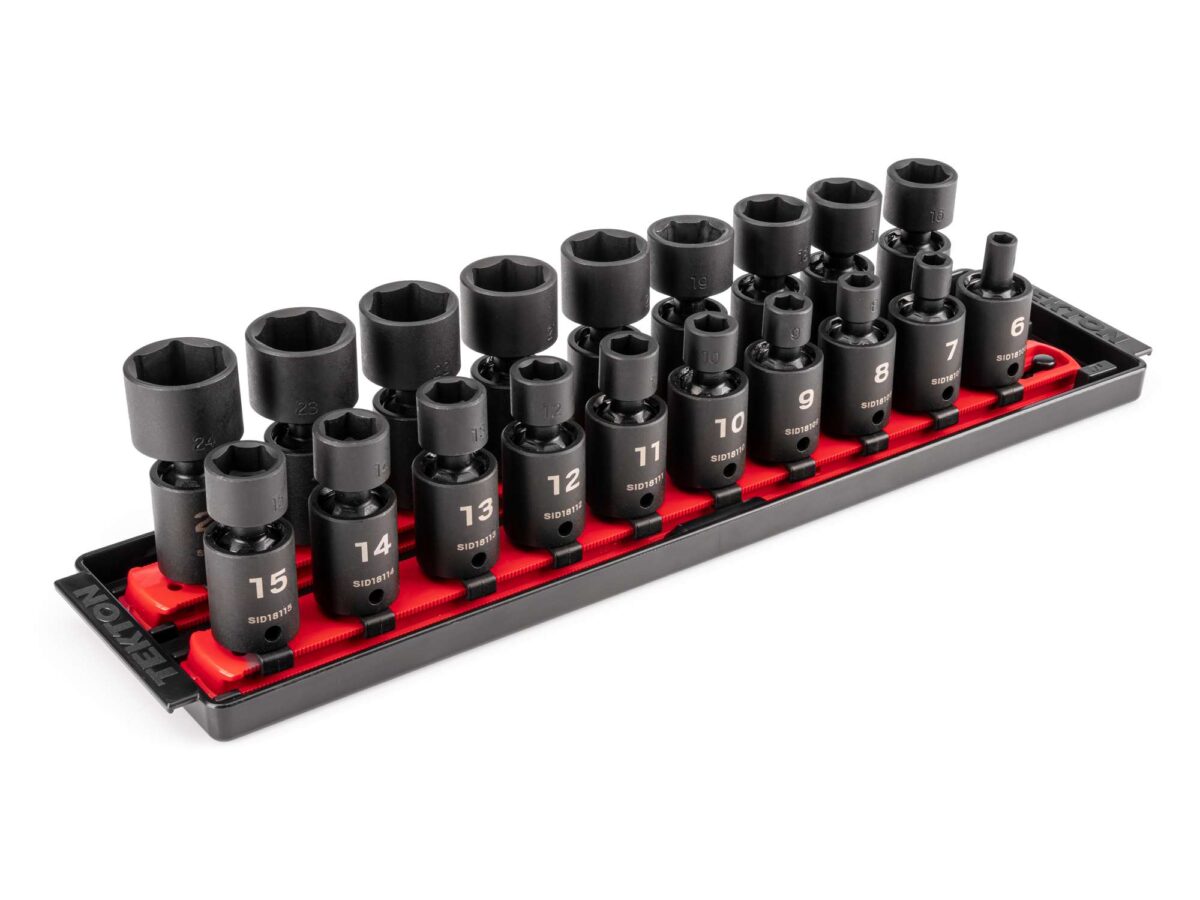 TEKTON 3/8 Inch Drive 6-Point Universal Joint Impact Socket Set with Rails and Tray, 19-Piece (6-24 mm) | SID97103 Main image