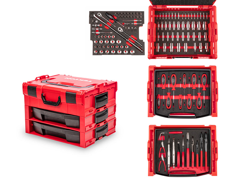TEKTON 1/4, 3/8 Inch Drive 6-Point Socket and Ratchet, Screwdriver, and Pliers Set in Modular Stacking Tool Box, 2-Drawer (127-Piece) | OLB99002 Main image