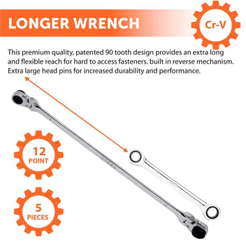 K Tool International Wrench Set 2 Piece Metric Ratcheting Reversible Flexible Extra Long Double Box Universal Spline 90 Tooth